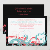 Aqua en Coral Floral Wedding Invitation Kaart (Voorkant / Achterkant)