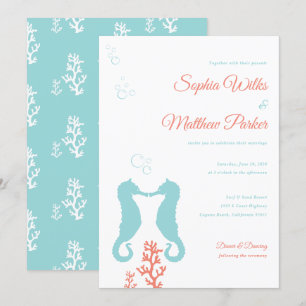 Aqua en Coral Seahorse Wedding Invitation Kaart