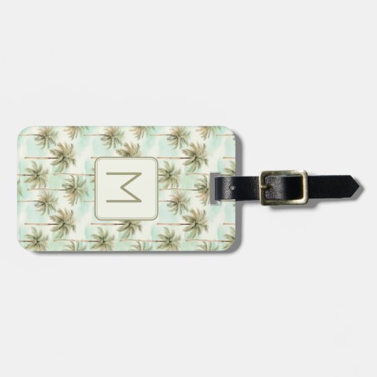 Aqua en Cream Tropical Palm Tree Monogram Bagagelabel (Voorkant horizontaal)