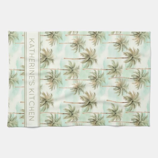 Aqua en Crème Tropische Palm Tree Gepersonaliseerd Theedoek (Horizontaal)