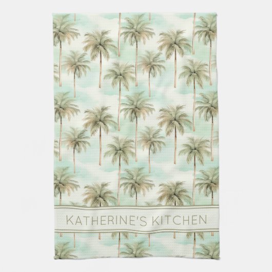 Aqua en Crème Tropische Palm Tree Gepersonaliseerd Theedoek (Verticaal)