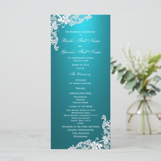 Aqua en  Floral Lace Wedding Programma (Staand voorkant)