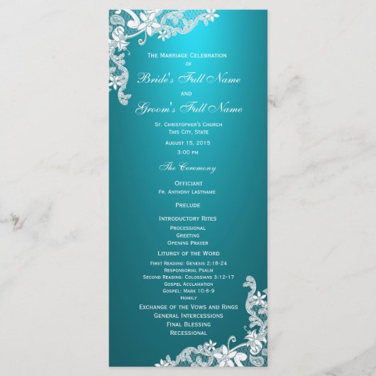 Aqua en  Floral Lace Wedding Programma (Voorkant)