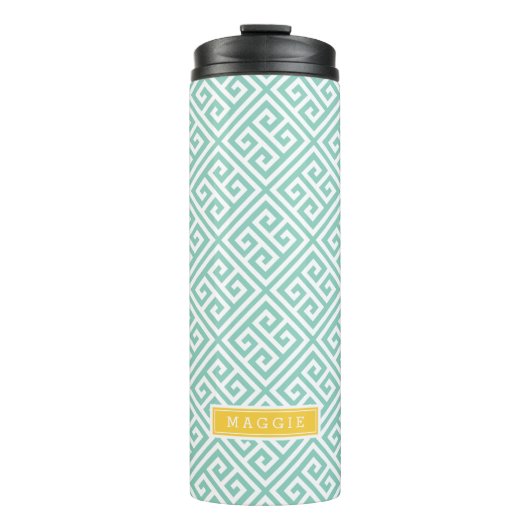 Aqua en Geel Grieks Sleutel Monogram Thermosbeker (Voorkant)