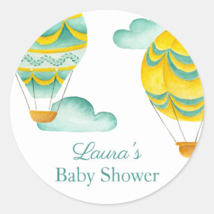 Aqua en Geel Hete Luchtballons Baby shower Ronde Sticker