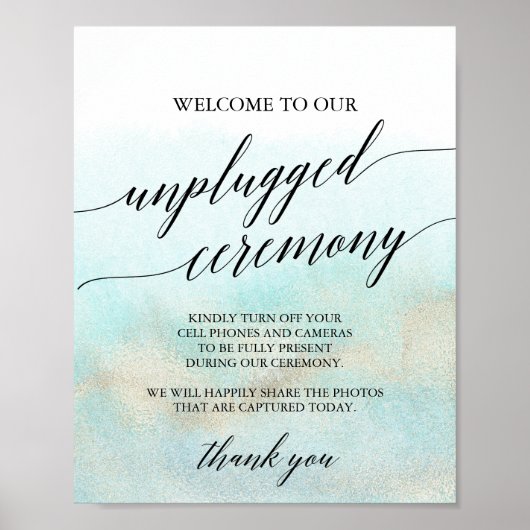 Aqua en Gold Beach Unplugged Ceremony Sign Poster (Voorkant)