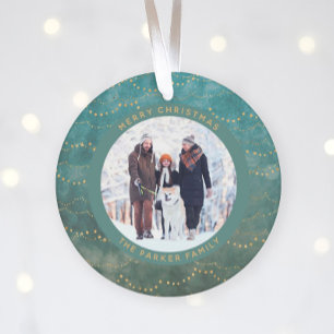 Aqua en Gold Fairy Lichten Twee familiefoto's Ornament