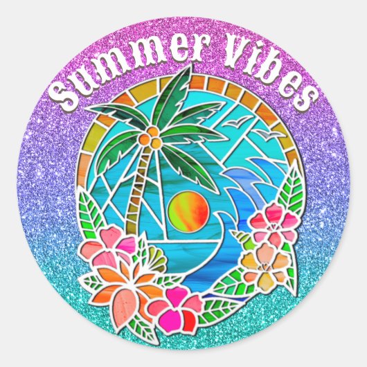 Aqua en Gold Ocean Palm Summer Landschap Ronde Sticker (Voorkant)