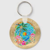 Aqua en Gold Ocean Palm Summer Landschap Sleutelhanger (Voorkant)