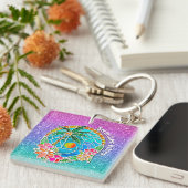 Aqua en Gold Ocean Palm Summer Landschap Sleutelhanger (Voorkant Rechts)