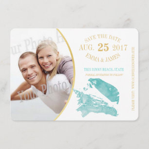 Aqua en Gold Seashell Bewaar de datum Save The Date