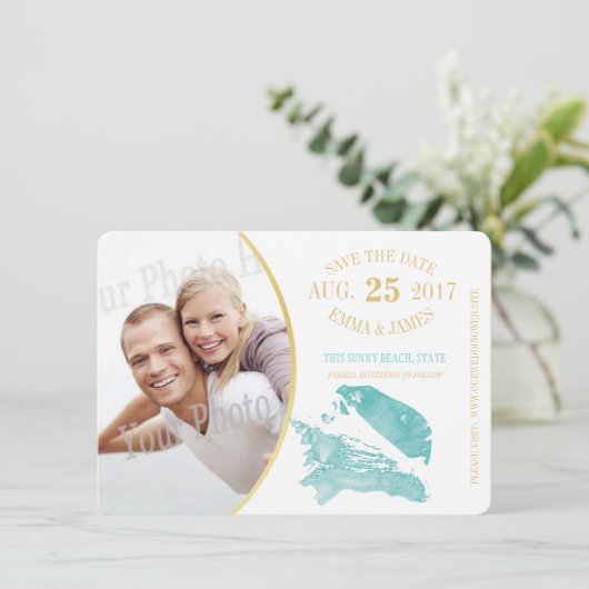 Aqua en Gold Seashell Bewaar de datum Save The Date (Staand voorkant)