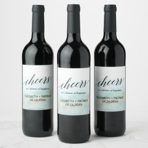 Aqua en Gold Waterverf Beach Cheers Wine Labels Wijn Etiket