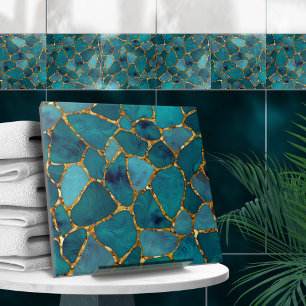 Aqua en Goud abstracte kiezelcellen N1 Tegeltje