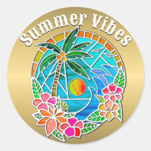 Aqua en Gouden Oceaan Palmboom Zomer Landschap Ronde Sticker