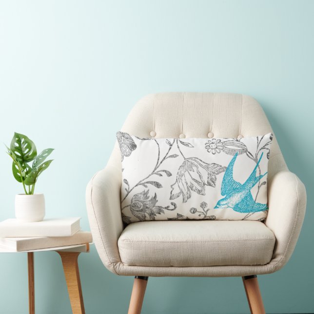 Aqua en Gray  Modern Floral Bird Pattern Kussen (Stoel)
