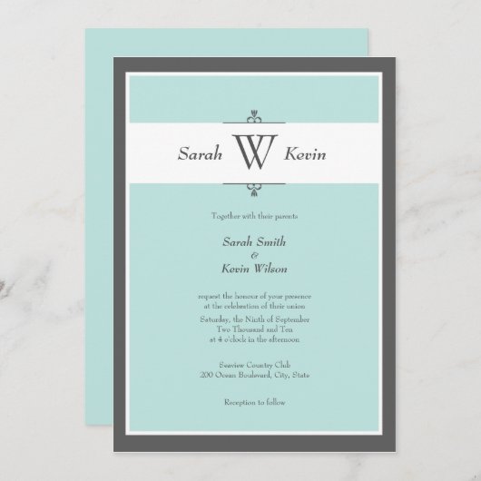Aqua en Gray Monogram Wedding Invitaties Kaart (Voorkant / Achterkant)