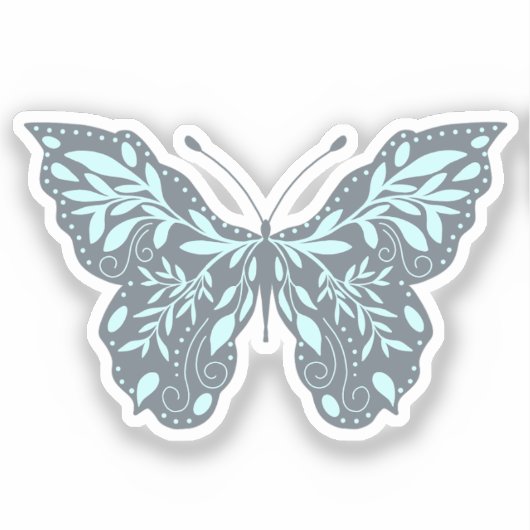Aqua en Grijze Botanische Vlinder Sticker (Voorkant)