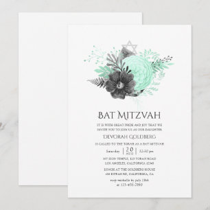 Aqua en houtskool bloemrijke rustieke Bat Mitzvah Kaart