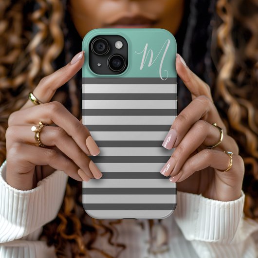 Aqua en Houtskool Preppy Strepen Custom Monogram Case-Mate iPhone Case