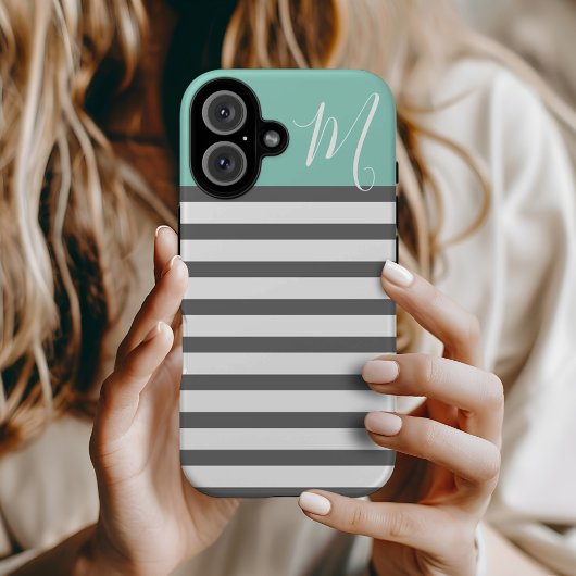 Aqua en Houtskool Preppy Strepen Custom Monogram Case-Mate iPhone Case