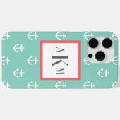 Aqua en Koraal Nautisch Anker Douanemonogram Case-Mate iPhone Case (Achterkant (horizontaal))