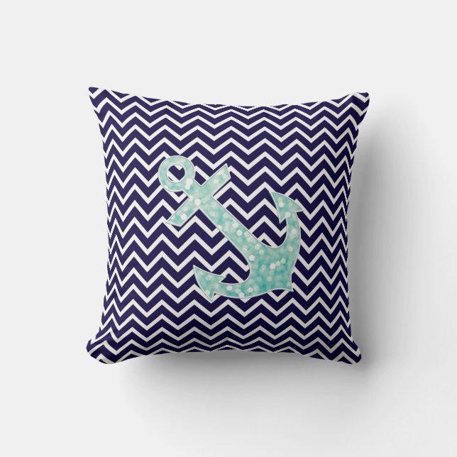 Aqua en Navy Nautical Glitter Sparkles Anchor Kussen (Voorkant)