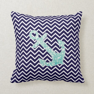 Aqua en Navy Nautical Glitter Sparkles Anchor Kussen