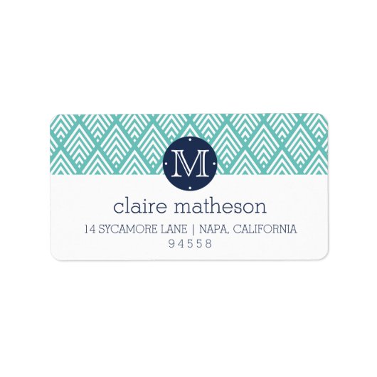 Aqua en Navy Preppy Diamond Chevron Monogram Etiket (Voorkant)