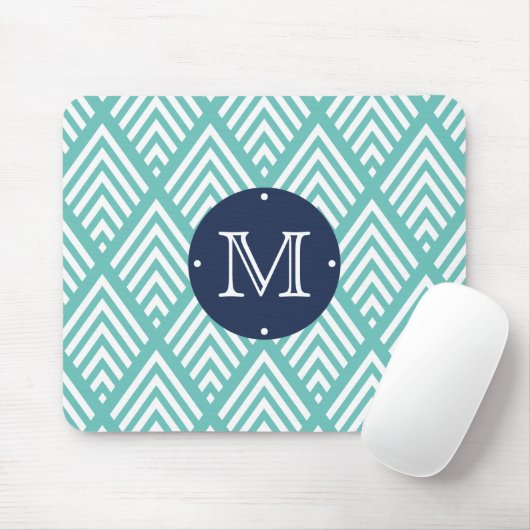 Aqua en Navy Preppy Diamond Chevron Monogram Muismat (Met muis)