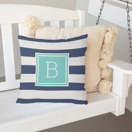 Aqua en Navy Stripe Monogram buiten Buitenkussen