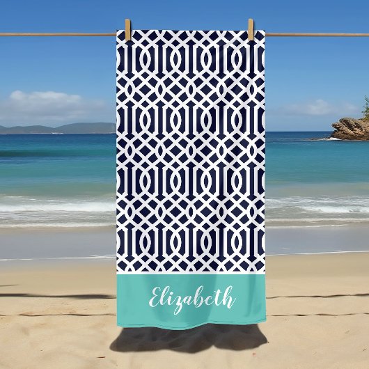 Aqua en Navy Trellis Monogram Strandlaken