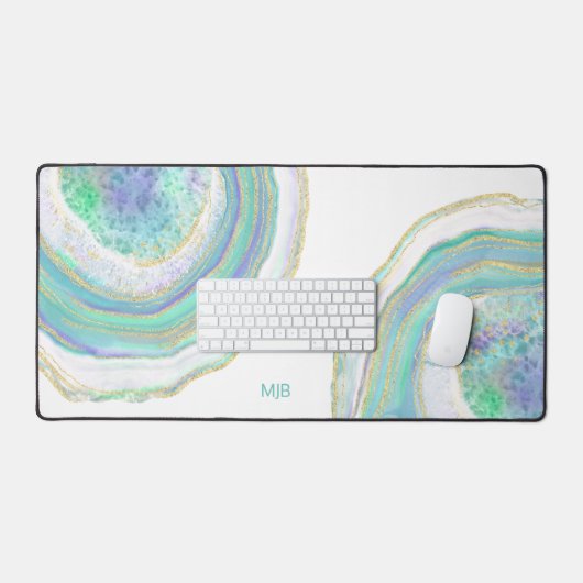 Aqua en Paarse Agaat Patroon met Monogram Bureaumat (Keyboard & Muis)