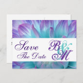 Aqua en Paarse bloemblaadjes Bewaar de datum V2 Aankondigingskaart (Voorkant / Achterkant)