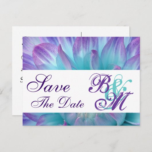 Aqua en Paarse bloemblaadjes Bewaar de datum V2 Aankondigingskaart (Voorkant / Achterkant)
