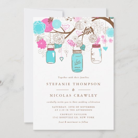 Aqua en Pink Hanging Mason Jars Wedding Kaart (Voorkant)