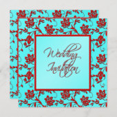 Aqua en Red Floral Wedding Invitation Kaart (Voorkant / Achterkant)