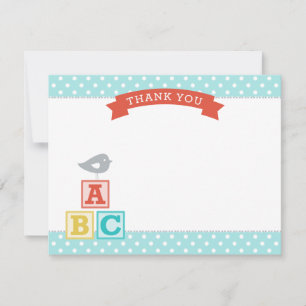 Aqua en Rode ABC Blokken Vogel Baby Shower Bedankkaart