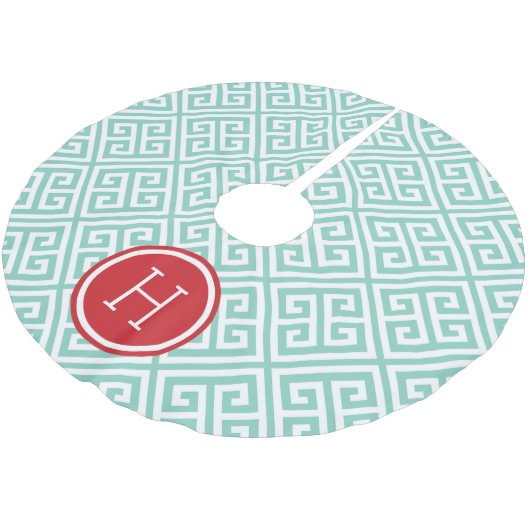 Aqua en Rood Grieks Sleutel Monogram Kerstboom Rok (Gekanteld)