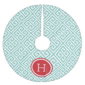 Aqua en Rood Grieks Sleutel Monogram Kerstboom Rok (Voorkant)