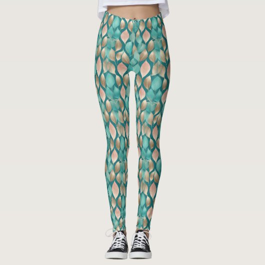 Aqua en Roos Gold Leaves Leggings (Voorkant)