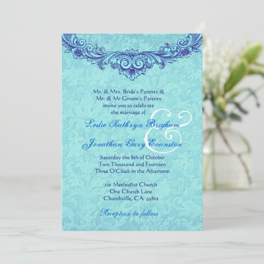 Aqua en Royal Blue Monogram Wedding H346 Kaart (Staand voorkant)