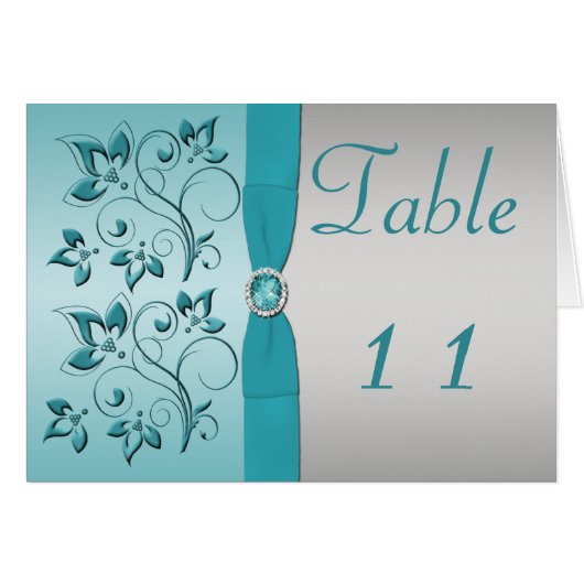 Aqua en Silver Floral Table Number Card (Voorkant Horizontaal)