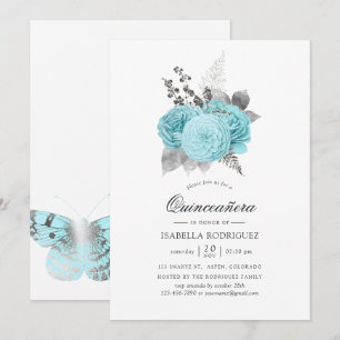 Aqua en Silver Shabby Rozen Quinceañera Kaart