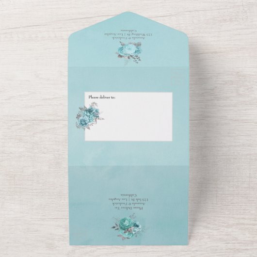 Aqua en Silver  Shabby Rozen Wedding All In One Uitnodiging (Buitenkant)