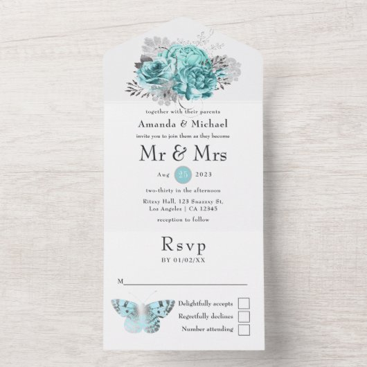 Aqua en Silver  Shabby Rozen Wedding All In One Uitnodiging (Binnen)