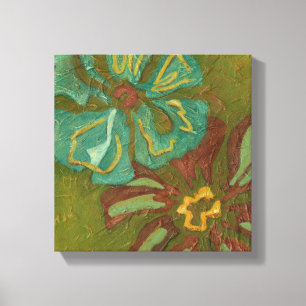 Aqua en verbrand Oranje bloemen op groene achtergr Canvas Afdruk