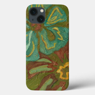 Aqua en verbrand Oranje bloemen op groene achtergr iPhone 13 Hoesje
