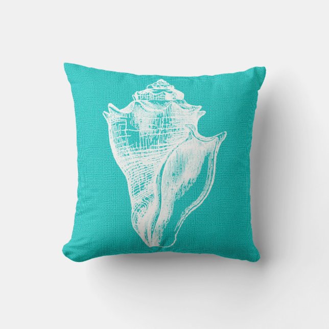 Aqua en White Crown Conch Shell Burlap Kijk uit Kussen (Voorkant)
