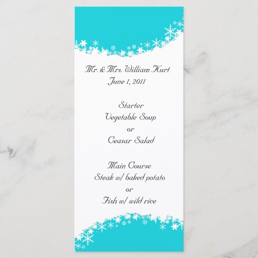 Aqua en White Snowflake Receptie Menu (Voorkant)